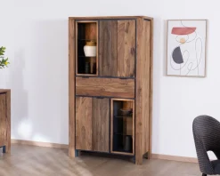 New Argentier avec éclairage intérieur et étagères verre "Enoa" en palissandre et acacia Vitrine Et Argentier