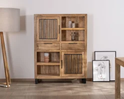 Sale Argentier en manguier et pieds métal "Manoha" portes motif stries réversibles Vaisselier|Vitrine Et Argentier