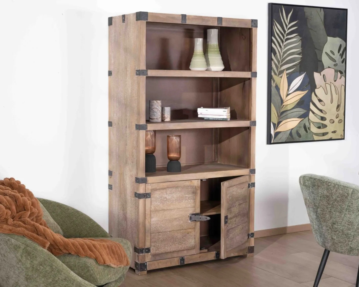 Hot Armoire ouverte style vintage avec 2 portes en bois et métal "Voyage" Bibliothèque|Buffet Et Bahut