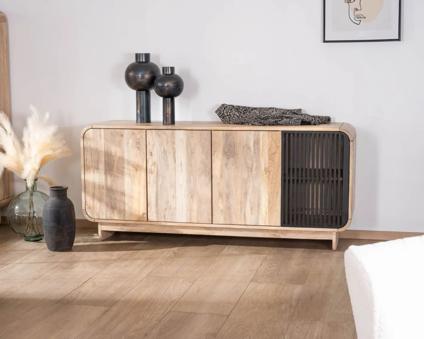 Outlet Bahut 180 cm en manguier design épuré japandi "Jappy" 4 portes Buffet Et Bahut