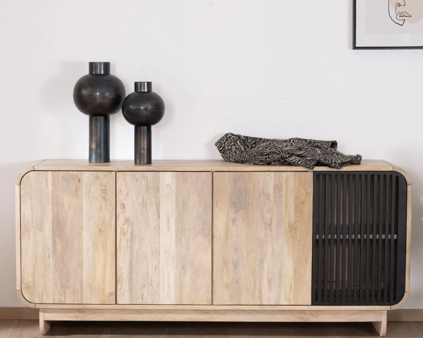 Outlet Bahut 180 cm en manguier design épuré japandi "Jappy" 4 portes Buffet Et Bahut
