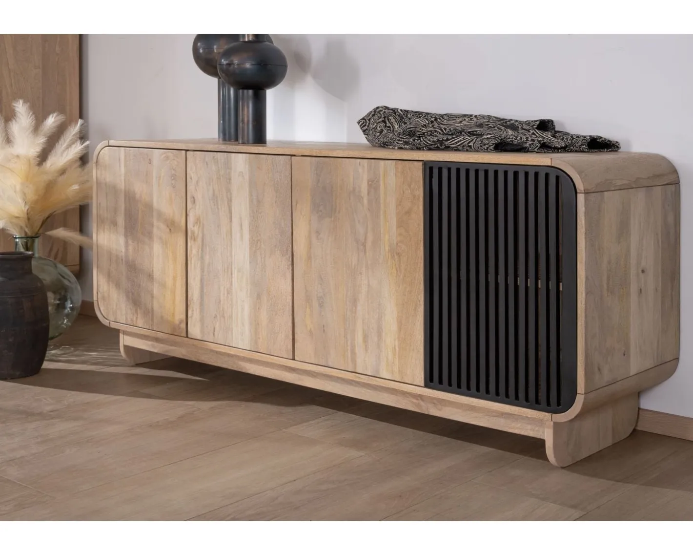Outlet Bahut 180 cm en manguier design épuré japandi "Jappy" 4 portes Buffet Et Bahut