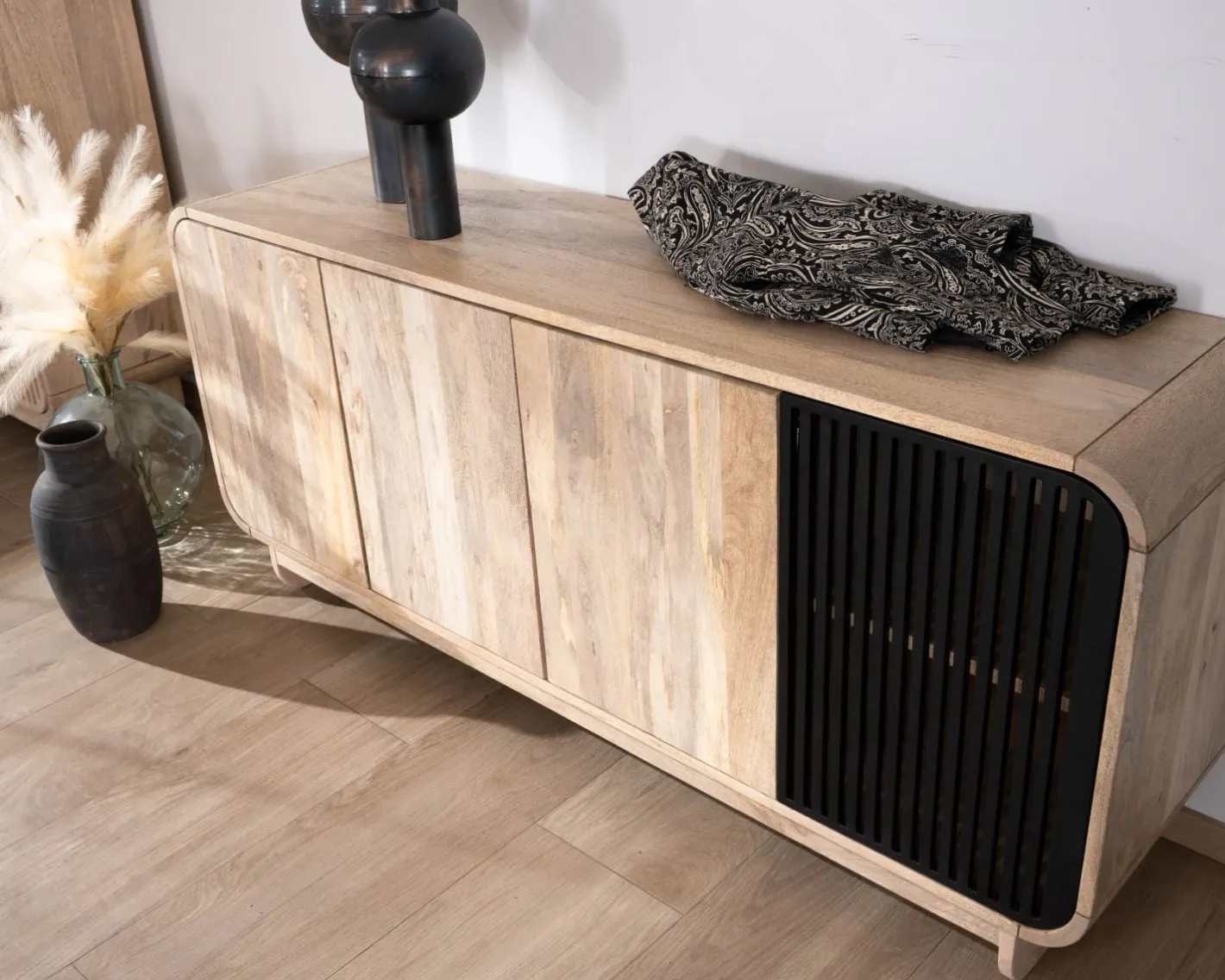 Outlet Bahut 180 cm en manguier design épuré japandi "Jappy" 4 portes Buffet Et Bahut