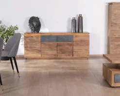 Hot Bahut contemporain 175cm en acacia avec bandeau LED et tiroirs placage pierre "Paguera" Buffet Et Bahut