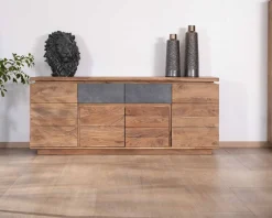 Hot Bahut contemporain 175cm en acacia avec bandeau LED et tiroirs placage pierre 