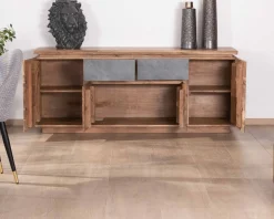 Hot Bahut contemporain 175cm en acacia avec bandeau LED et tiroirs placage pierre 