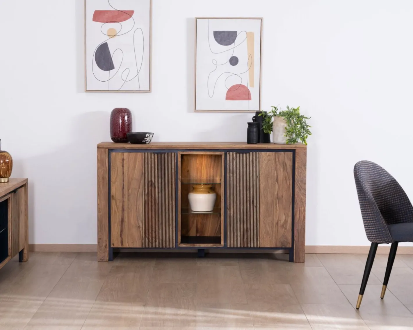Online Bahut en palissandre et acacia "Enoa" avec étagères en verre Buffet Et Bahut