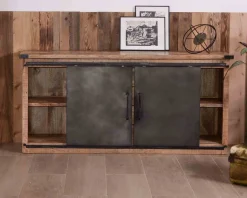 Outlet Bahut industriel portes coulissantes et tiroirs bois 180cm 