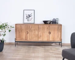 Hot Bahut 4 portes en acacia et métal 160 cm "Novelli" esprit zen et épuré Buffet Et Bahut