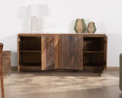 Discount Bahut 4 portes en bois recyclé et plateau marbre blanc 