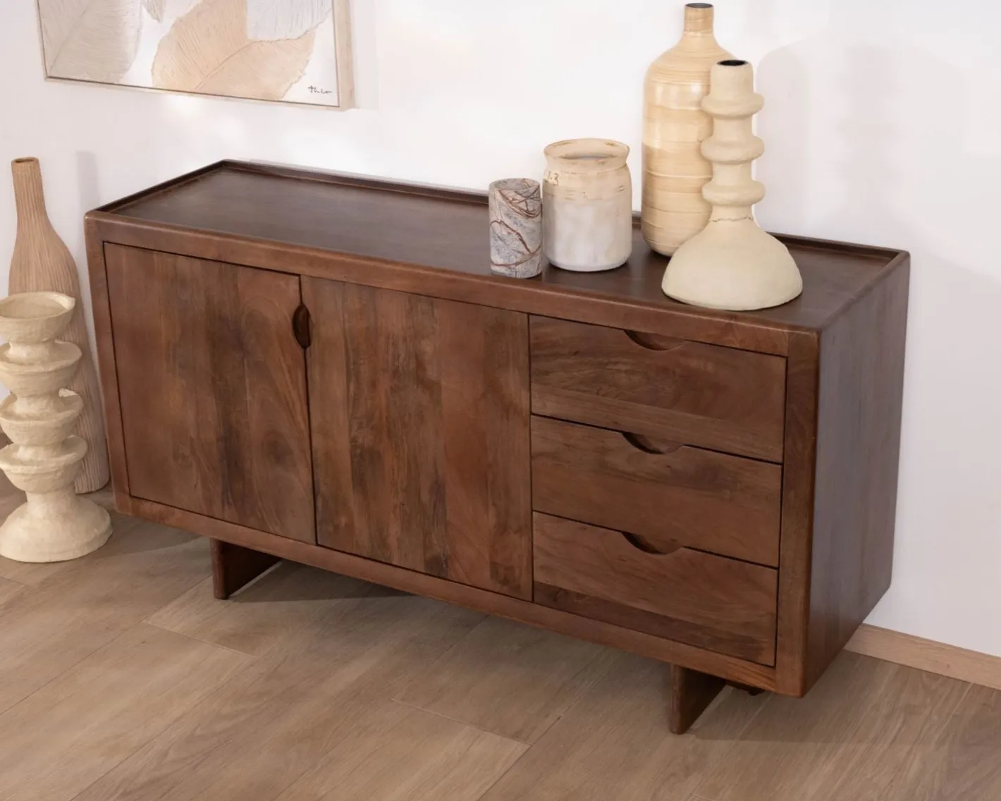 Bahut rétro en manguier massif avec tiroirs teinte noyer "Odessa" 150 cm Buffet Et Bahut
