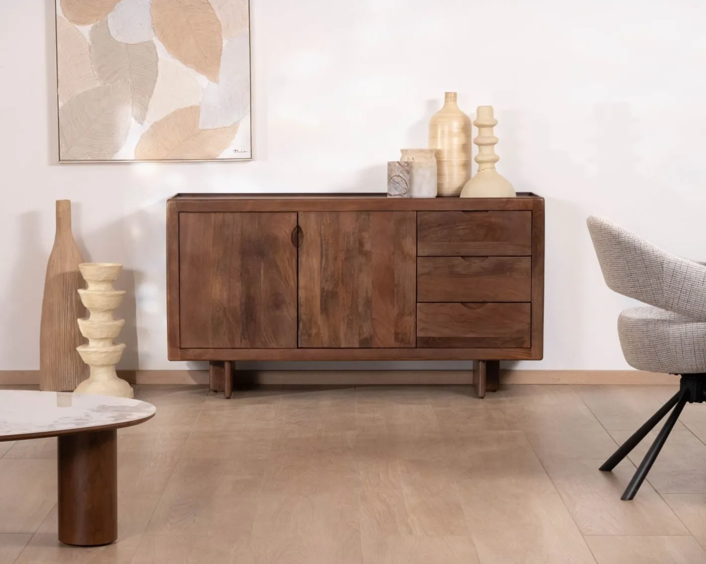 Bahut rétro en manguier massif avec tiroirs teinte noyer "Odessa" 150 cm Buffet Et Bahut