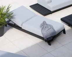 Hot Bain de soleil confort tissu Sunbrella gris clair structure aluminium noire