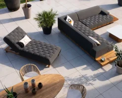 New Bain de soleil design tissu Sunbrella gris foncé et teck "Lombok" Bain De Soleil