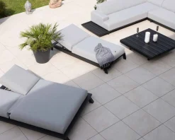 Online Bain de soleil double tissu Sunbrella gris clair structure aluminium noire 