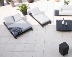 Online Bain de soleil double tissu Sunbrella gris clair structure aluminium noire 