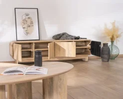 Discount Banc TV 4 portes 180 cm en manguier avec porte déco noire "Jappy" Meuble Télé
