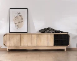 Discount Banc TV 4 portes 180 cm en manguier avec porte déco noire 