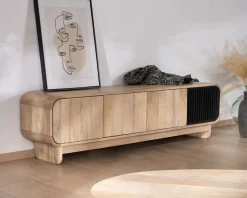 Discount Banc TV 4 portes 180 cm en manguier avec porte déco noire 