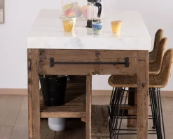 Hot Billot de cuisine en teck recyclé et plateau marbre blanc