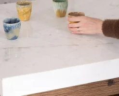 Hot Billot de cuisine en teck recyclé et plateau marbre blanc