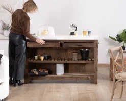 Hot Billot de cuisine en teck recyclé et plateau marbre blanc