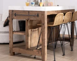 Hot Billot de cuisine en teck recyclé et plateau marbre blanc