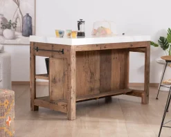 Hot Billot de cuisine en teck recyclé et plateau marbre blanc