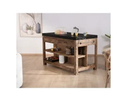 Outlet Billot de cuisine en teck recyclé et plateau marbre noir 