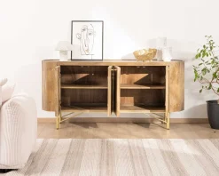Sale Buffet arrondi avec plateau en terrazzo blanc et pieds métal doré "Bruges" Buffet Et Bahut