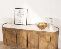 Sale Buffet arrondi avec plateau en terrazzo blanc et pieds métal doré