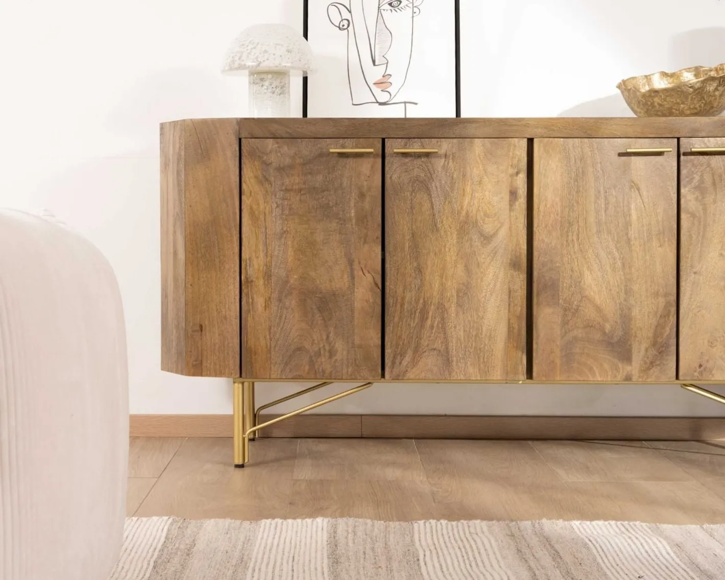 Sale Buffet arrondi avec plateau en terrazzo blanc et pieds métal doré "Bruges" Buffet Et Bahut