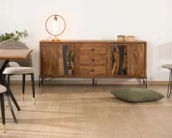 Best Buffet bas acacia massif et pieds métal noirs "Membatu" 175cm portes et tiroirs style ethnique Buffet Et Bahut