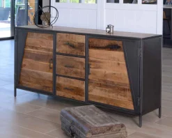 Clearance Buffet bas industriel métal gris et bois de manguier massif 