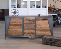 Clearance Buffet bas industriel métal gris et bois de manguier massif 