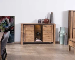 New Buffet contemporain 150cm en acacia 2 portes et étagères vitrées 