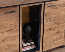 New Buffet contemporain 150cm en acacia 2 portes et étagères vitrées 