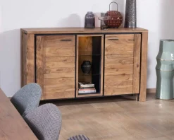 New Buffet contemporain 150cm en acacia 2 portes et étagères vitrées 