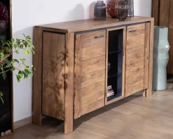 New Buffet contemporain 150cm en acacia 2 portes et étagères vitrées 