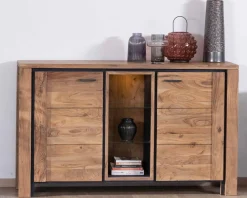 New Buffet contemporain 150cm en acacia 2 portes et étagères vitrées 
