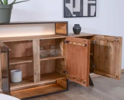 Hot Buffet design bois massif avec LED et décor métal et ciment