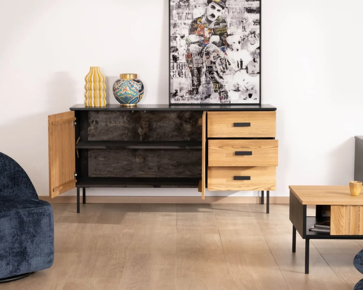 Outlet Buffet en frêne massif style newtro "Sydney" 160 cm Buffet Et Bahut