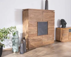 New Buffet haut avec éclairage LED en acacia massif et placage pierre 