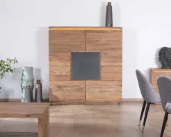New Buffet haut avec éclairage LED en acacia massif et placage pierre 