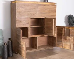 New Buffet haut avec éclairage LED en acacia massif et placage pierre 