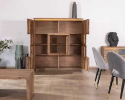 New Buffet haut avec éclairage LED en acacia massif et placage pierre 