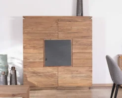 New Buffet haut avec éclairage LED en acacia massif et placage pierre 