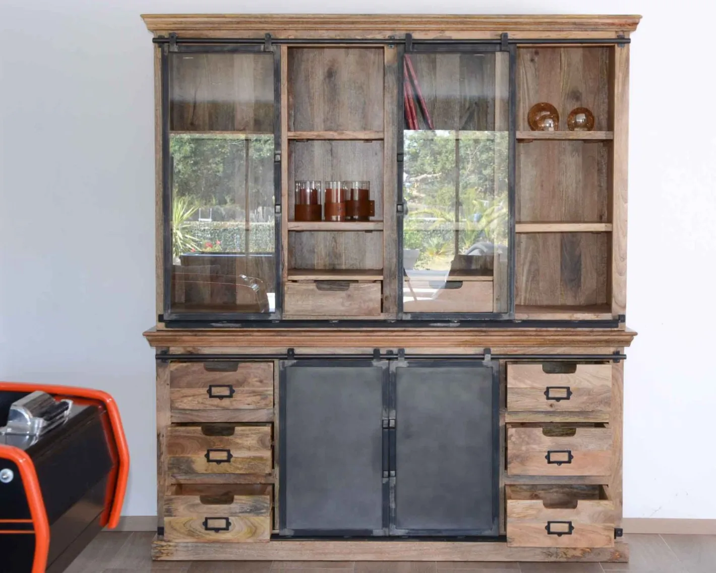 Outlet Buffet haut style atelier portes coulissantes métal bois massif "Haden" Vaisselier|Bibliothèque