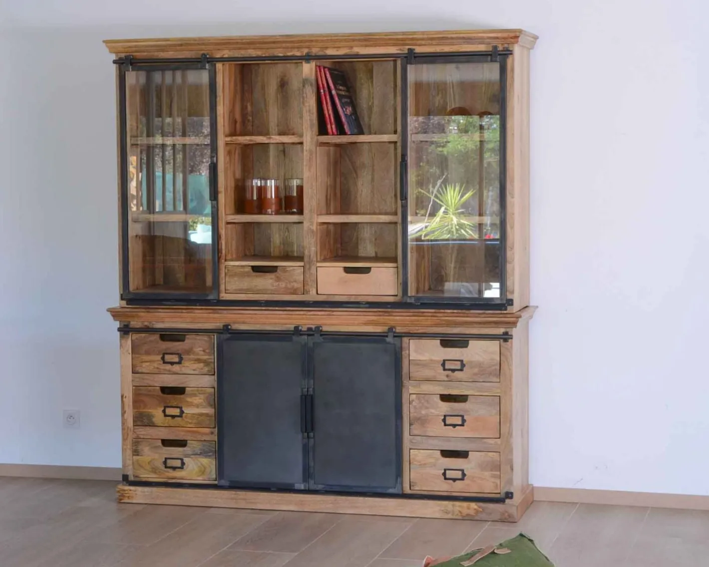 Outlet Buffet haut style atelier portes coulissantes métal bois massif "Haden" Vaisselier|Bibliothèque