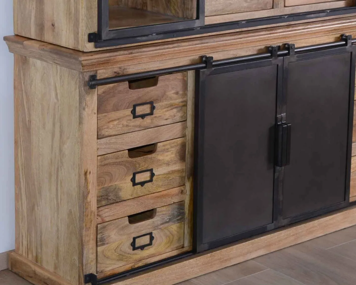 Outlet Buffet haut style atelier portes coulissantes métal bois massif "Haden" Vaisselier|Bibliothèque